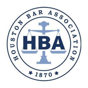 Logo of the Houston Bar Association featuring a stylized scale of justice and the organization's name.